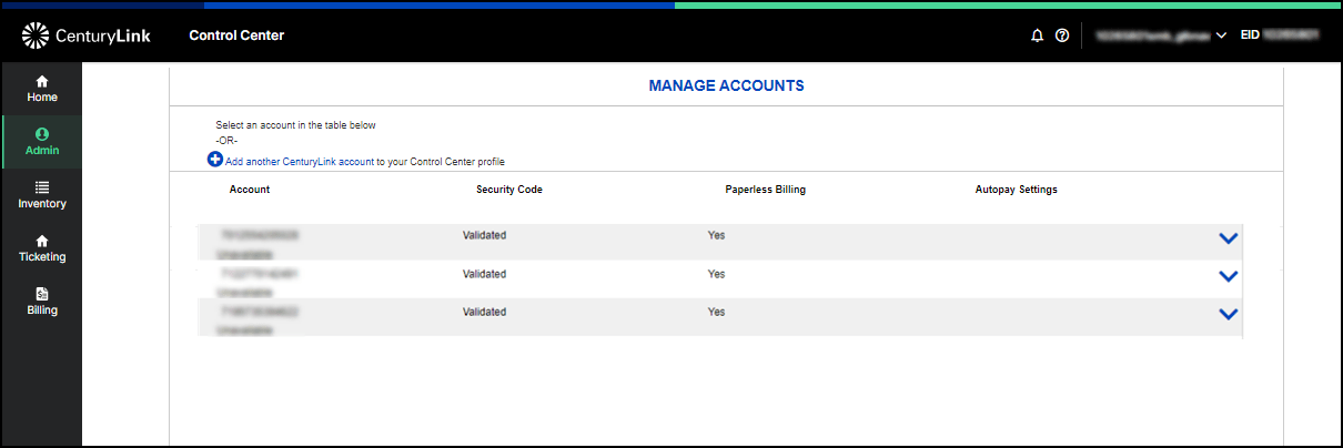 screenshot from Control Center - Admin - Accounts